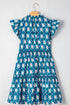 Blue Retro Floral Print Split Neck Ruffle Short Sleeve Dress